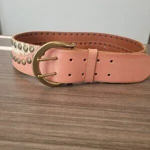 Linea Pelle: Pink and Brown Leather Belt Linea Pelle Pink Leather Heavily Studded Belt | CHURCHILL in  main image 2